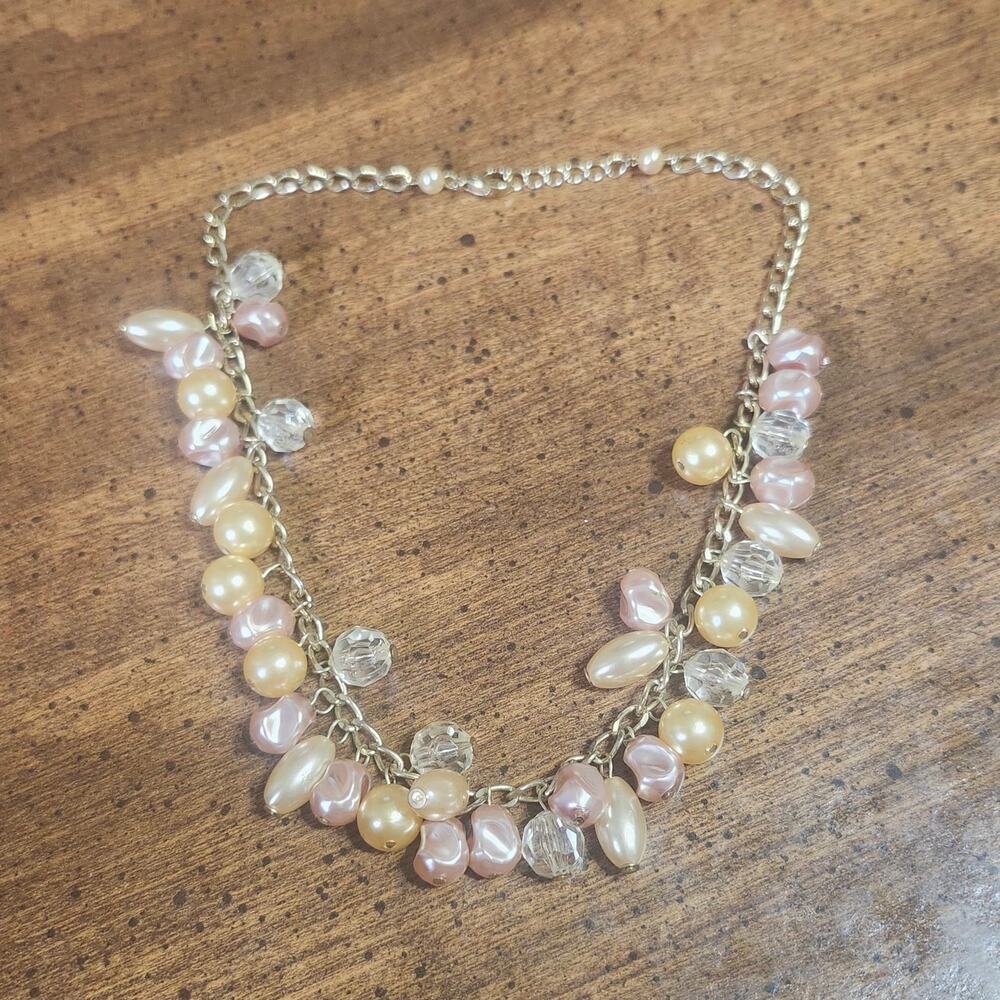 Pink Champagne Faux Pearl Clear Acrylic Beaded Charm Necklace Adjustable Dangle